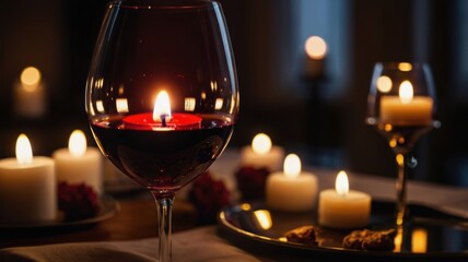 A romantic scene featuring a glass of wine illuminated by candlelight, creating a warm and intimate atmosphere.