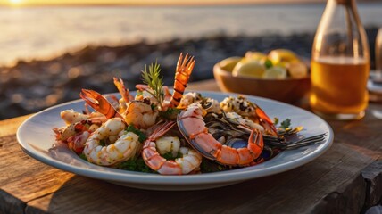 Delicious seafood platter featuring shrimp and shellfish, set against a scenic background with a drink and fresh produce.