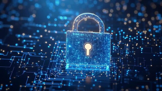 Cybersecurity concept with a digital lock on a virtual screen, glowing blue tones