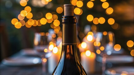 A wine bottle stands prominently in a dimly lit setting, surrounded by soft bokeh lights and candle glow, creating an inviting ambiance.
