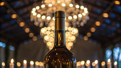 A wine bottle in focus against a backdrop of glowing chandeliers, creating a warm and inviting ambiance.