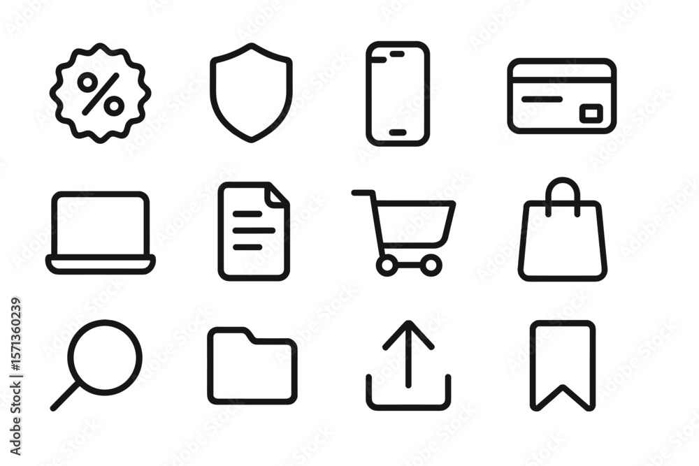 Poster minimalistic line vector illustration of shopping and security icons on dark background