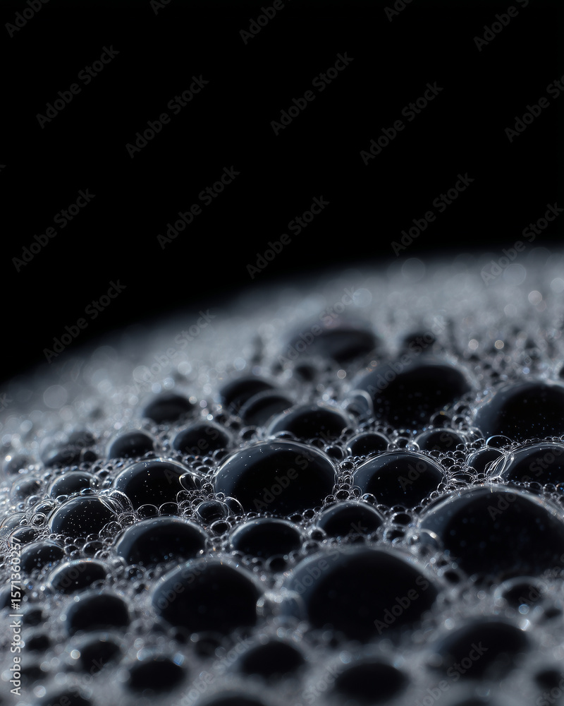 Poster macro shot of water bubbles forming abstract patterns with reflective surfaces and dark background