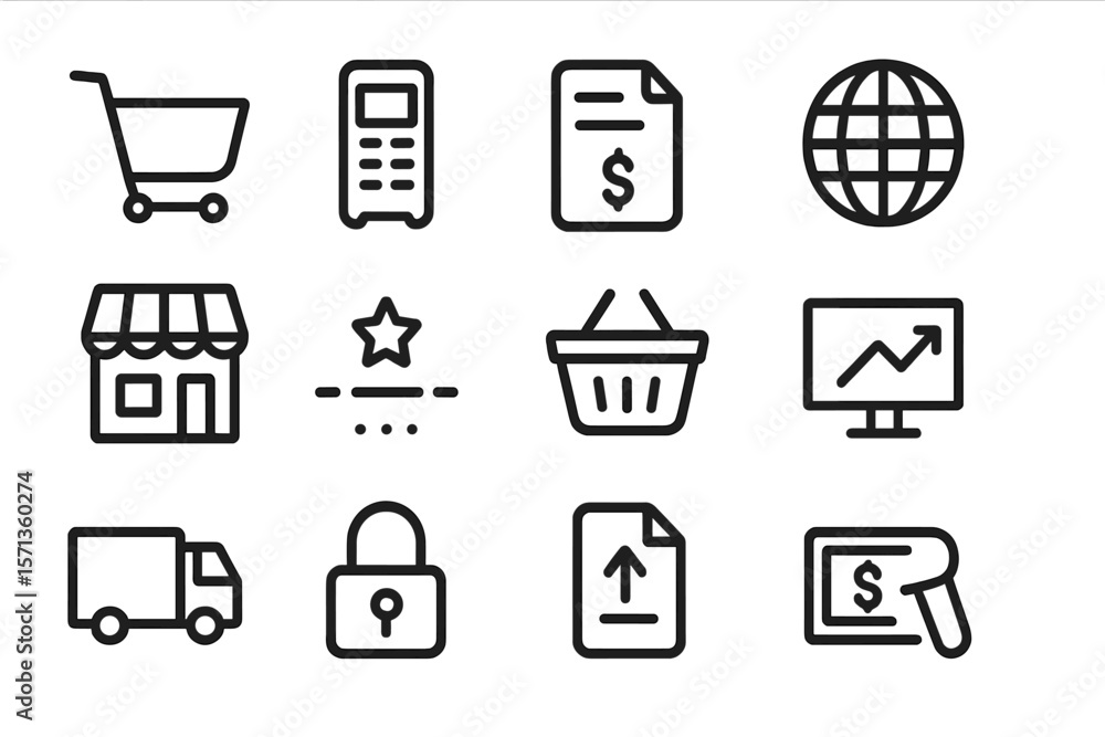 Poster e-commerce and business vector illustration icons for web and app design in minimalist line style