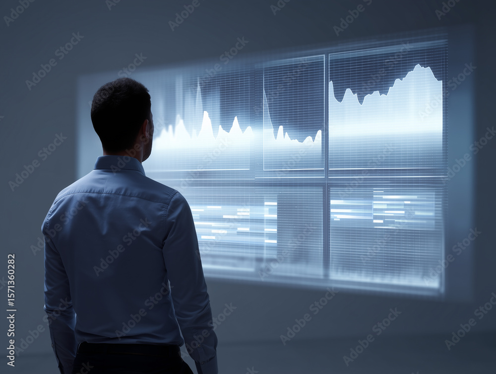Poster man analyzing futuristic digital data visualization with glowing charts and graphs in modern office