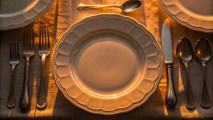 Elegant dining setup featuring a decorative plate surrounded by silverware, illuminated by soft lighting.