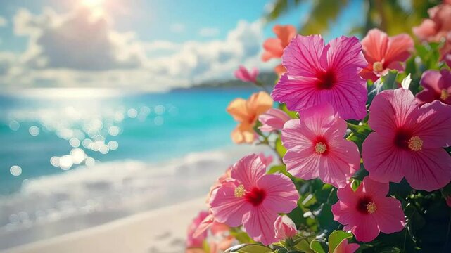 Vibrant hibiscus flowers by a serene beach backdrop