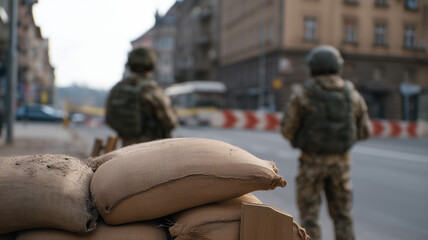 Fototapeta premium Sandbag barricade soldier camouflage helmet urban street security defense blurred background tense atmosphere