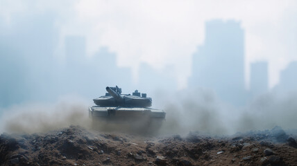 Fototapeta premium Modern tank emerging from thick smoke on urban battlefield, dramatic atmosphere, city skyline in background