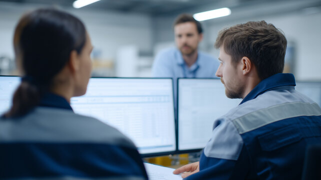 Modern cargo management team analyzing logistics data on computer screens in warehouse office setting