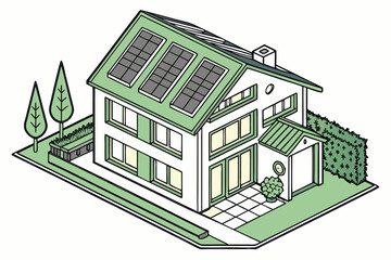 Isometric view of a modern house with solar panels on the roof and a well manicured garden area around it
