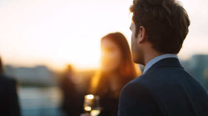 Professional networking event on rooftop at sunset, business people socializing, elegant atmosphere, warm light, outdoor