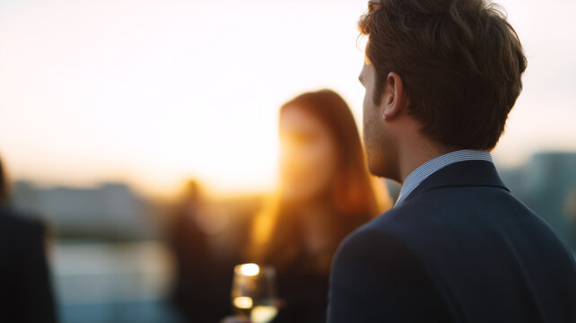 Professional networking event on rooftop at sunset, business people socializing, elegant atmosphere, warm light, outdoor