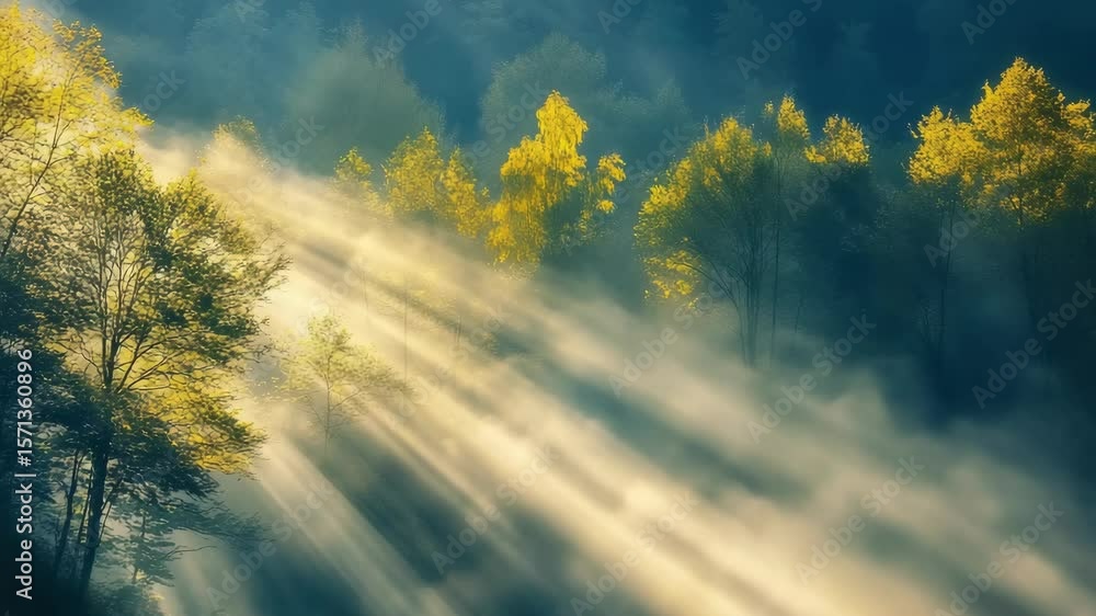 Poster sunlight filtering through autumn trees creating serene forest scene