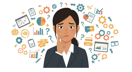 Businesswoman contemplating data analysis in flat vector illustration for business strategy design