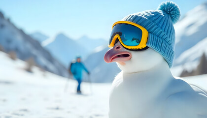 a, ptarmigan, white, with, snowboard, ski, goggles, sunglasses, copy space, on, snow, mountains, background, apres, winter, snowman, bird, snowboarding, vacation, skiing, holiday, campaign, flyer, ad