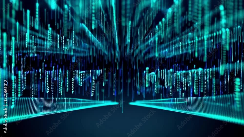 Poster futuristic digital data visualization of falling binary code and cyber network streams showcasing vi