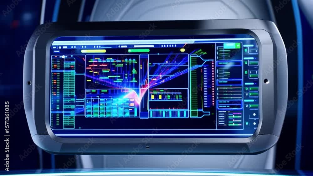 Poster futuristic digital interface with vibrant data visualization, complex graphs, and charts high tech s