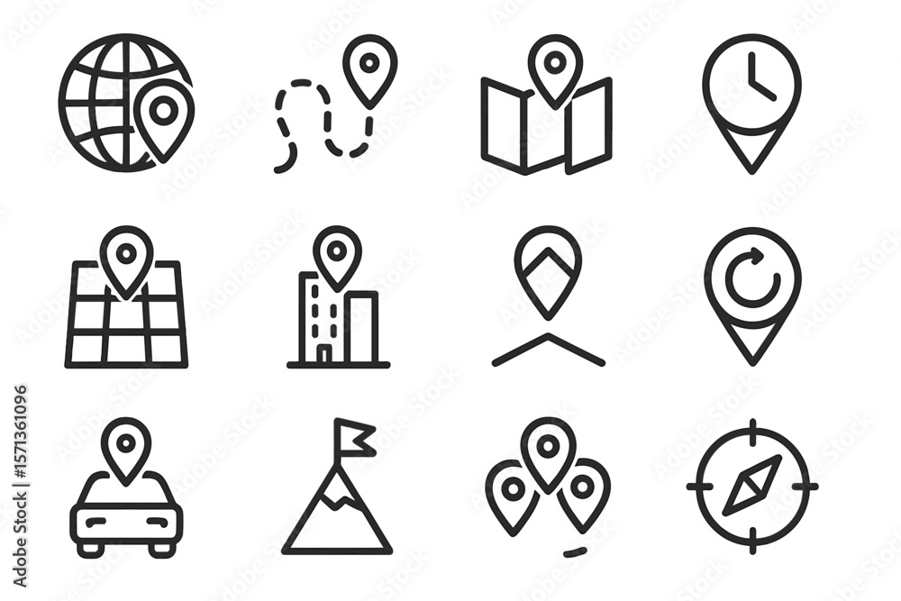 Poster location and navigation icon set vector illustration: modern line style design for maps and gps inte