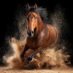 A powerful brown horse gallops through dust, muscles tense and mane flowing against a dark background.