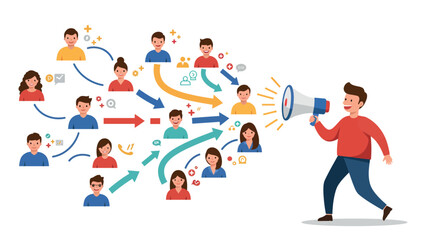 Social media marketing strategy concept in flat vector illustration for online communication and networking