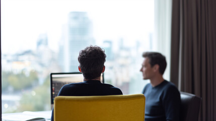 Two men working together in modern office with city view, focused and collaborative atmosphere