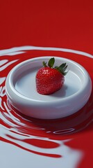 A single strawberry rests in a shallow, white dish, surrounded by ripples of red liquid.