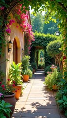 Sun-Drenched Andalusian Garden Vibrant Blooms, Intricate Fountains, and Lush Greenery Create a Serene Oasis, Perfect for Relaxation and Escape.