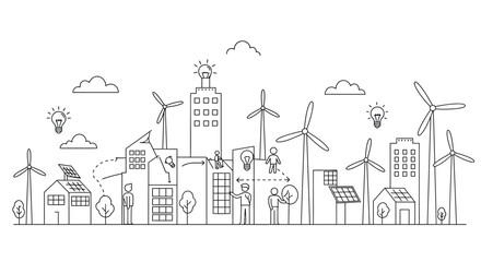 Sustainable energy solutions: line vector illustration of renewable energy sources and urban development