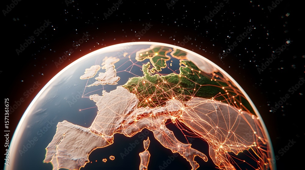 Aufkleber a digital rendering of earth, showcasing europe's intricate network of interconnected nodes and line