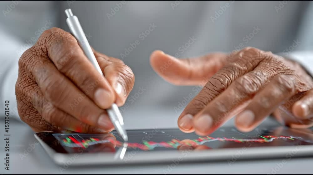 Poster digital analysis: a professional's hands deftly navigate a tablet, the stylus tracing insights from 
