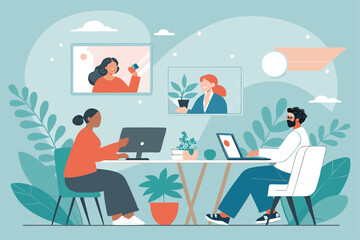 Vector digital marketing team collaborating remotely, using laptops, smartphones, brainstorming, planning, strategy, SEO, analytics.