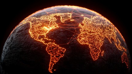 The image shows a dark, textured globe with glowing orange lines connecting points across its surface, resembling a network or map of global connections.