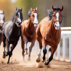 Obraz premium Four racehorses sprinting on a dirt track, with the leading horse in sharp focus and others blurred in the background.