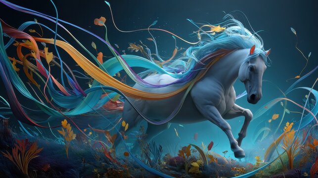 A majestic horse gallops through a surreal underwater scene with flowing colorful ribbons and autumn leaves swirling around it.