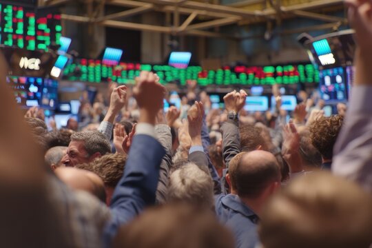 Stock market floor filled with traders cheering and digital green tickers rising sharply, symbolizing global optimism following Middle East ceasefire and expected interest rate cuts.