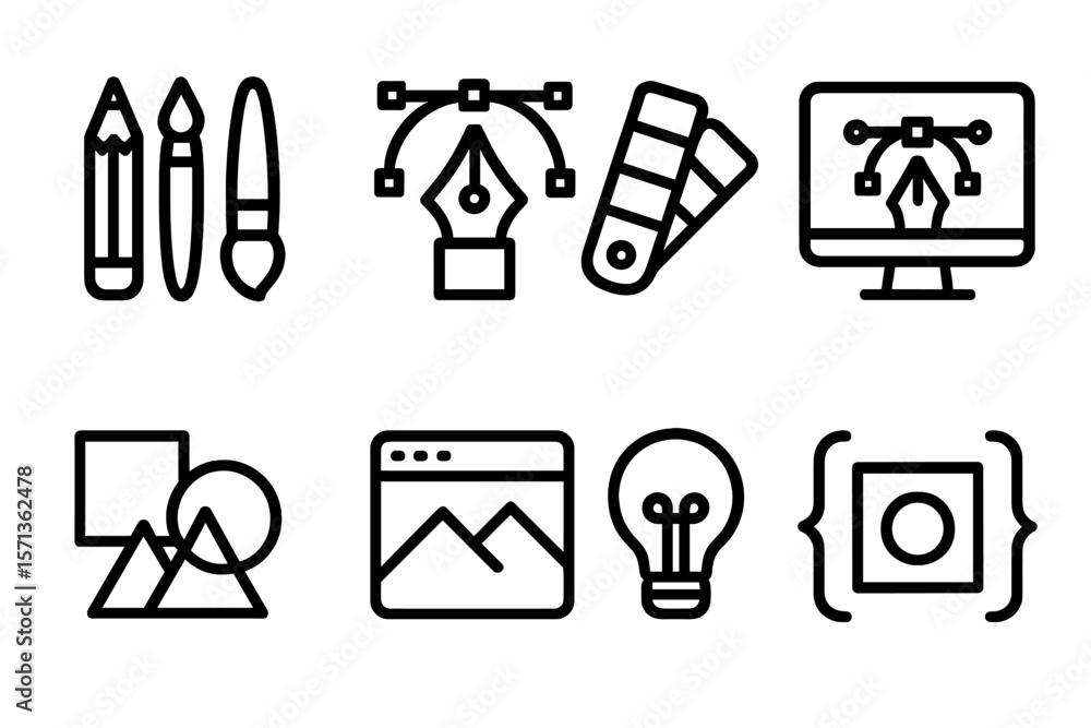 Poster creative tools vector illustration: graphic design icons in line style for visual projects