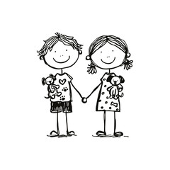 Cartoon couple holding puppies in cute hand drawn black line doodle style, romantic pet lovers concept for Valentine’s Day cards and adoption campaign posters on transparent background