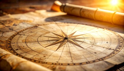 Vintage map with a compass rose and telescope bathed in warm light, evoking adventure and discovery.
