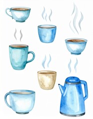 Watercolor Teacups Bowls and Kettle Set