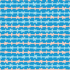 Horizontal stripes and crosses vector tile pattern. Hand drawn stitched lines design seamlessly wallpaper in orange and blue.