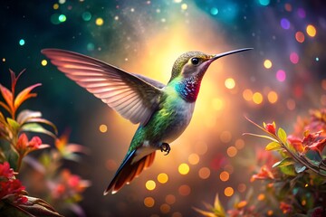 A vibrant hummingbird in flight surrounded by flowers and sparkling bokeh lights