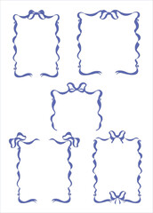 Set of vintage hand drawn frames with whimsical lines, bows, ribbons in coquette style. Vector elegant minimalist line art borders. Vector illustration