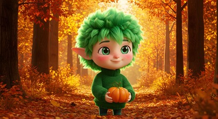 Whimsical Elf Character in Autumn Forest Holding a Pumpkin

