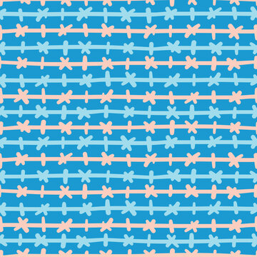 Horizontal stripes and crosses vector tile pattern. Hand drawn stitched lines design seamlessly wallpaper in orange and blue.