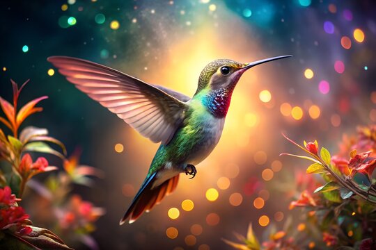 A vibrant hummingbird in flight surrounded by flowers and sparkling bokeh lights