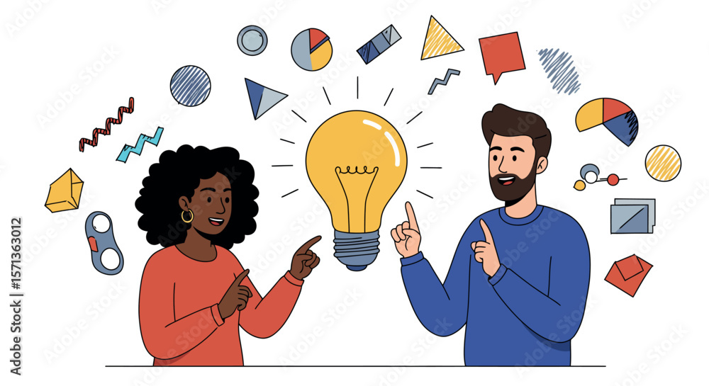 Poster collaborative brainstorming concept with diverse team and light bulb vector illustration for creativ