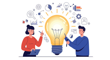 Business innovation concept vector illustration with people, light bulb, and creative elements for design and marketing