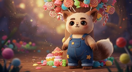 Adorable Fox Character in Candy Land with Colorful Sweets and Lollipops


