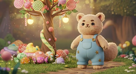Adorable Bear in Candy Land with Colorful Sweets and Lollipop Tree

